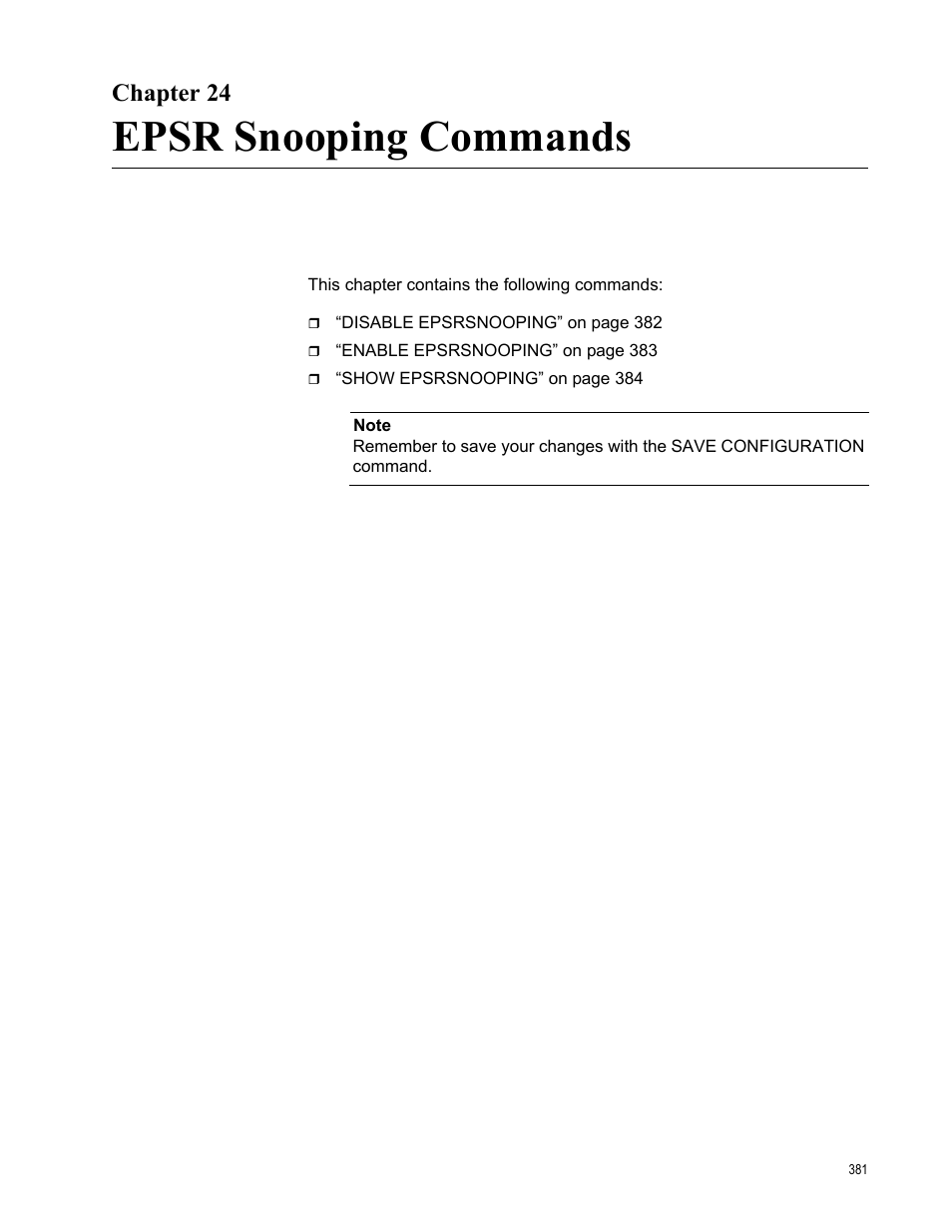 Chapter 24, Epsr snooping commands | Allied Telesis AT-S63 User Manual | Page 381 / 738