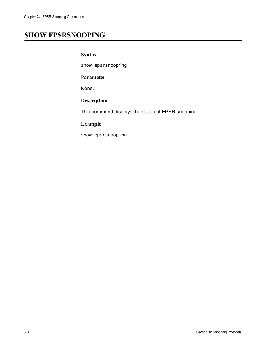 Show epsrsnooping | Allied Telesis AT-S63 User Manual | Page 384 / 738