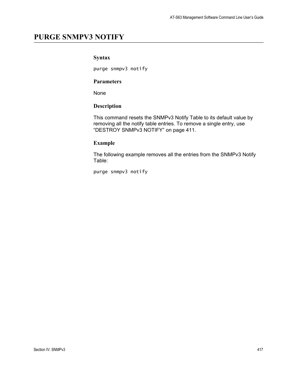 Purge snmpv3 notify | Allied Telesis AT-S63 User Manual | Page 417 / 738