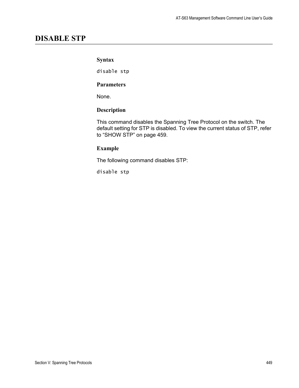 Disable stp | Allied Telesis AT-S63 User Manual | Page 449 / 738