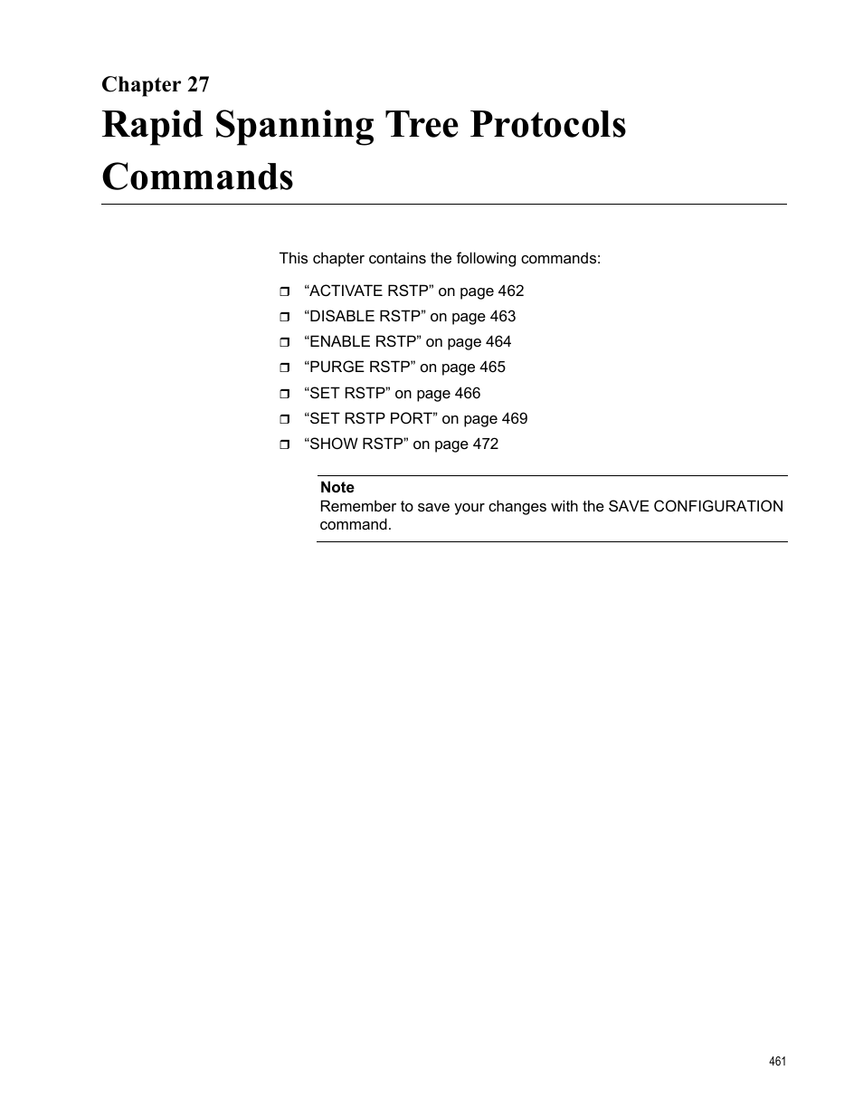 Chapter 27, Rapid spanning tree protocols commands | Allied Telesis AT-S63 User Manual | Page 461 / 738