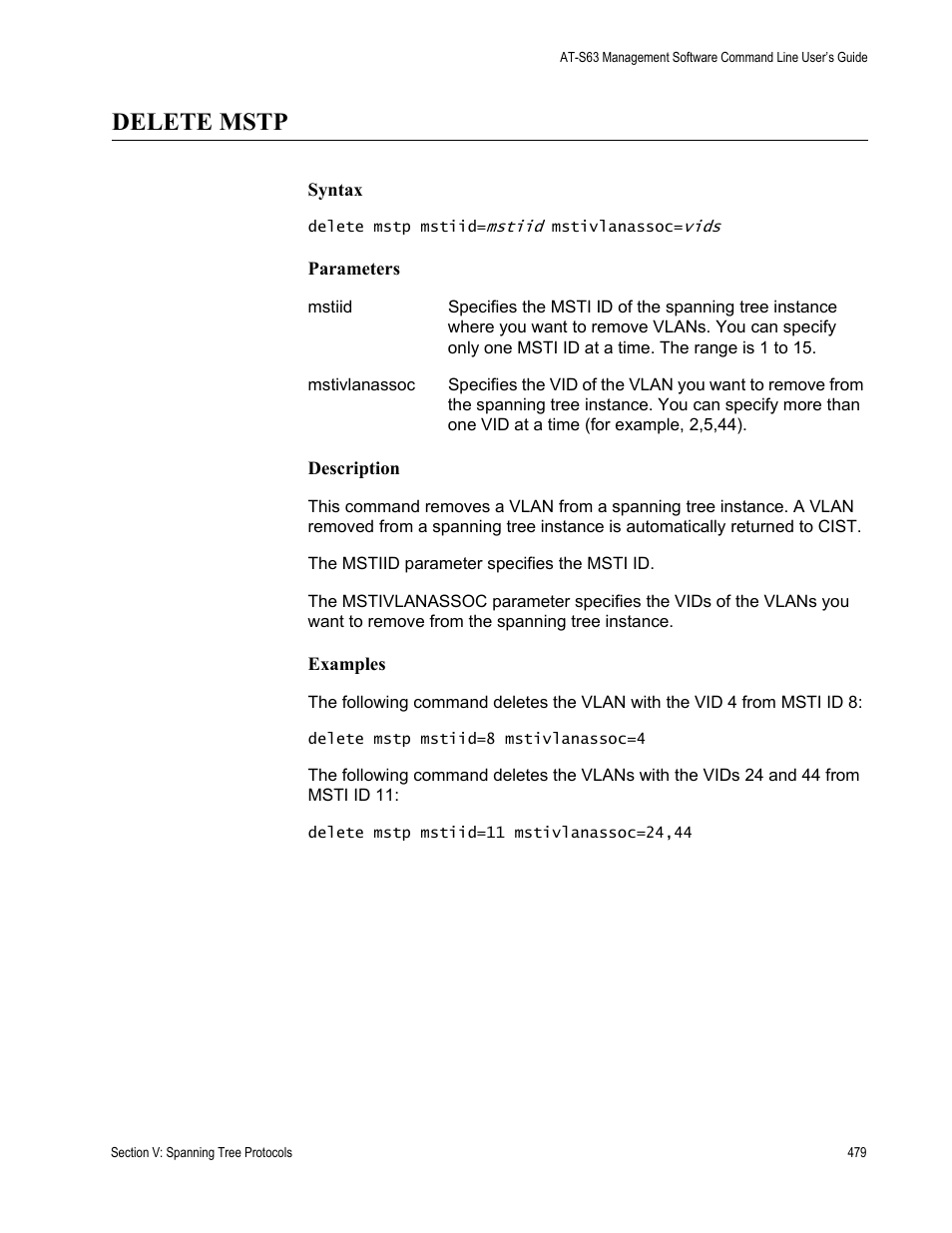 Delete mstp | Allied Telesis AT-S63 User Manual | Page 479 / 738