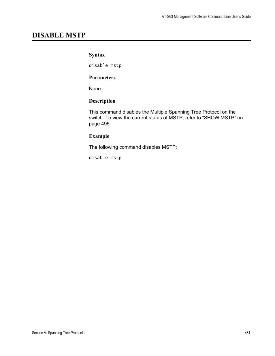 Disable mstp | Allied Telesis AT-S63 User Manual | Page 481 / 738