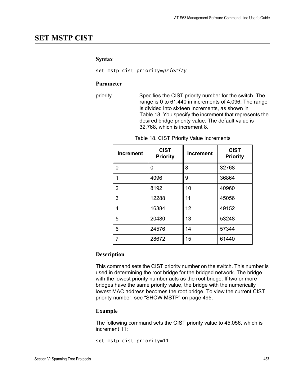Set mstp cist, Table 18. cist priority value increments | Allied Telesis AT-S63 User Manual | Page 487 / 738
