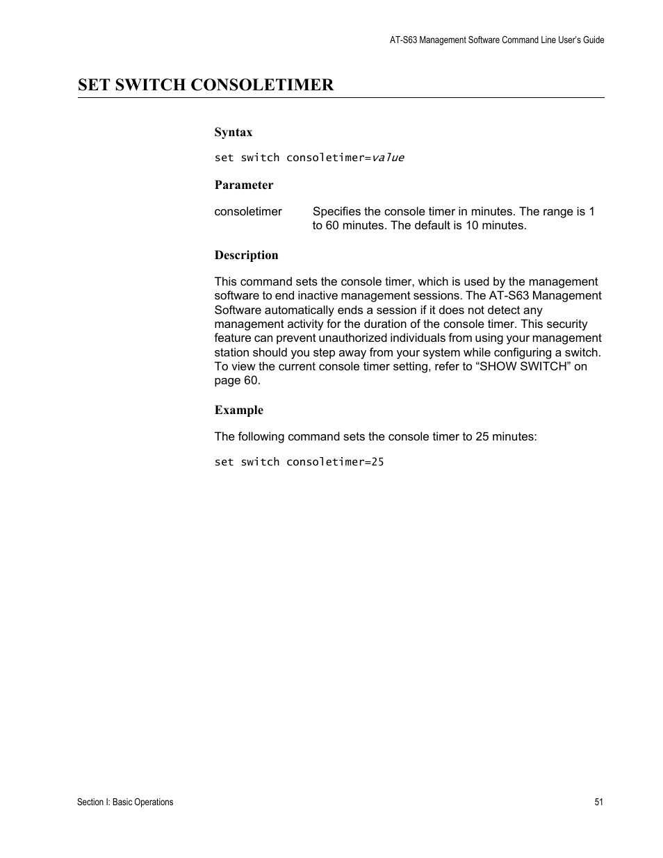 Set switch consoletimer | Allied Telesis AT-S63 User Manual | Page 51 / 738