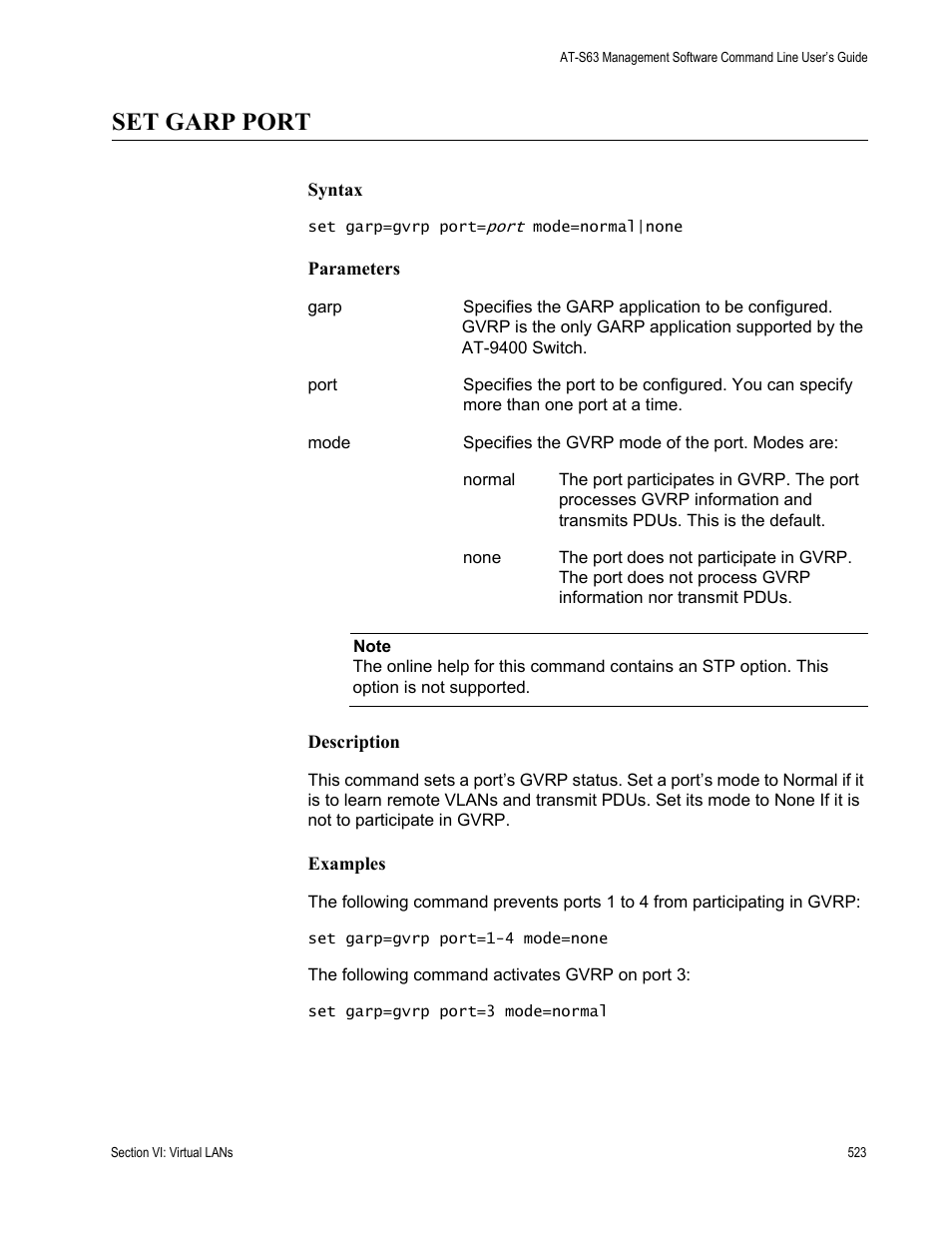 Set garp port | Allied Telesis AT-S63 User Manual | Page 523 / 738
