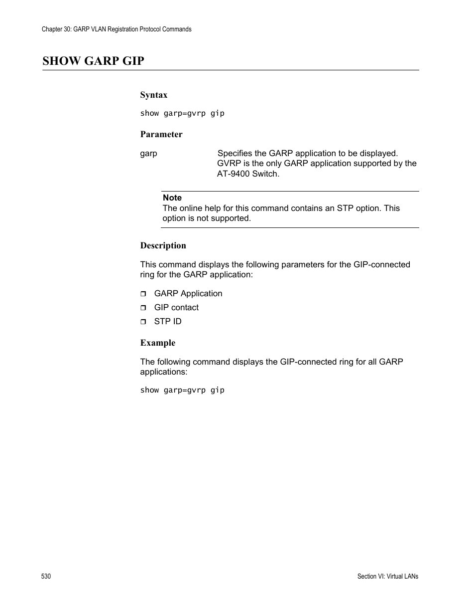 Show garp gip | Allied Telesis AT-S63 User Manual | Page 530 / 738