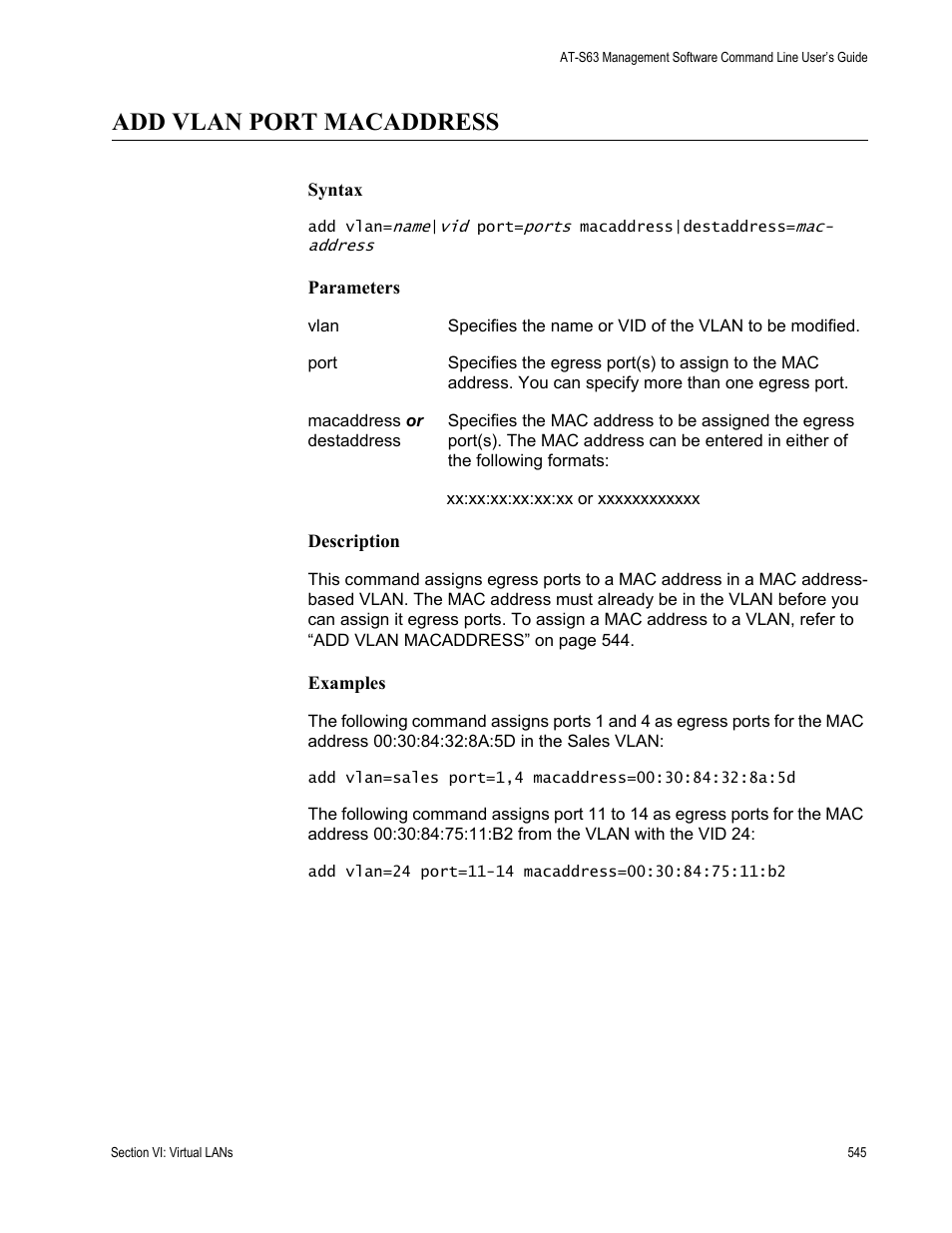Add vlan port macaddress | Allied Telesis AT-S63 User Manual | Page 545 / 738