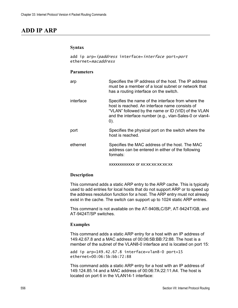 Add ip arp | Allied Telesis AT-S63 User Manual | Page 556 / 738