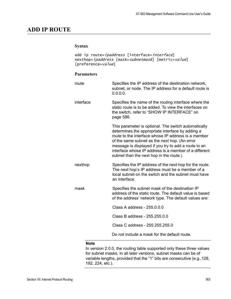 Add ip route | Allied Telesis AT-S63 User Manual | Page 563 / 738