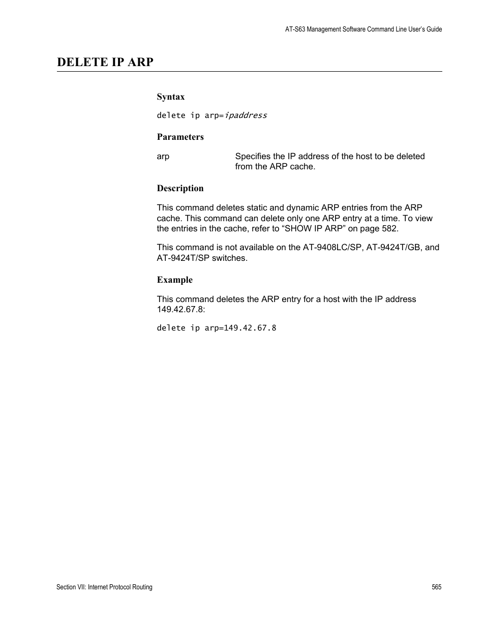 Delete ip arp | Allied Telesis AT-S63 User Manual | Page 565 / 738
