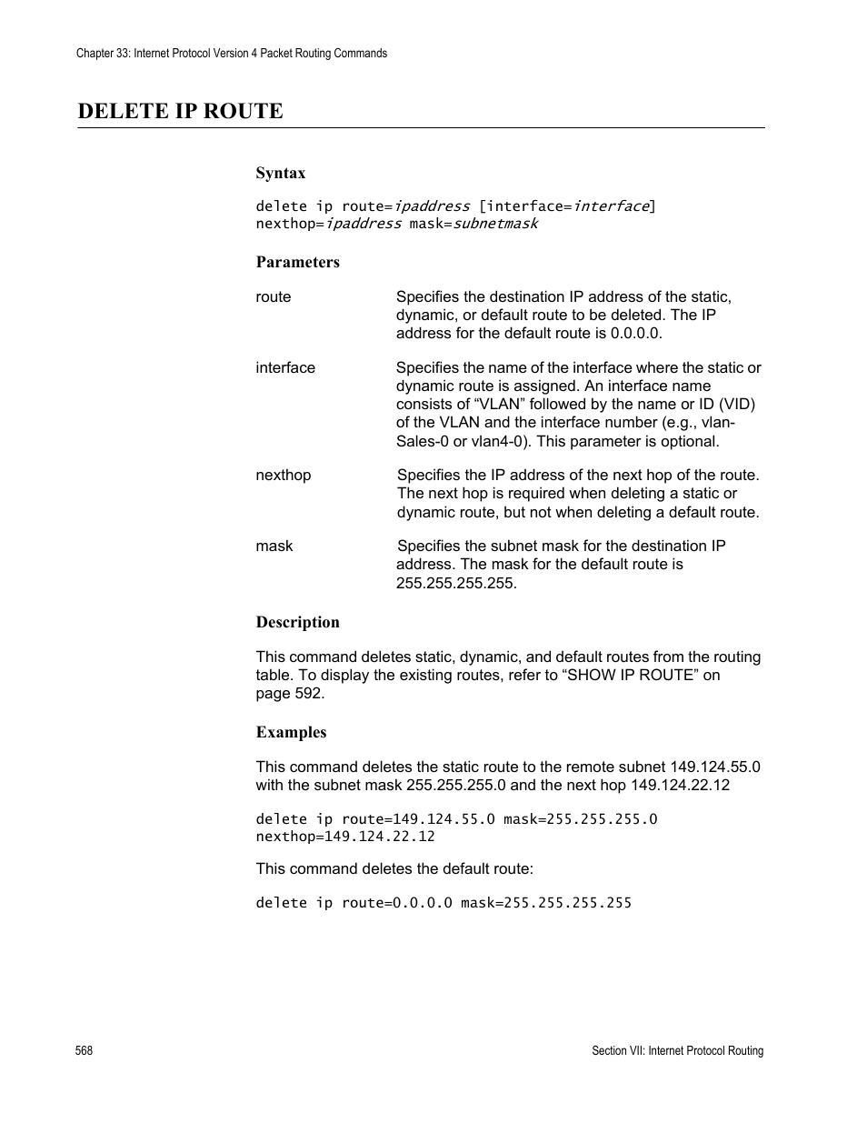 Delete ip route | Allied Telesis AT-S63 User Manual | Page 568 / 738