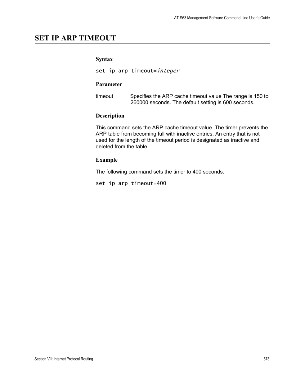 Set ip arp timeout | Allied Telesis AT-S63 User Manual | Page 573 / 738