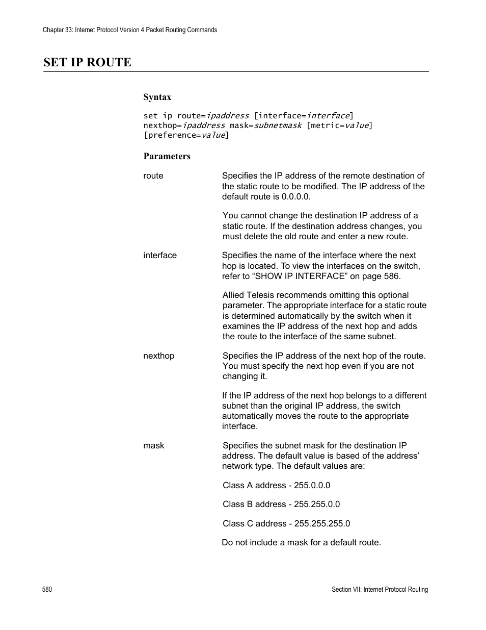 Set ip route | Allied Telesis AT-S63 User Manual | Page 580 / 738