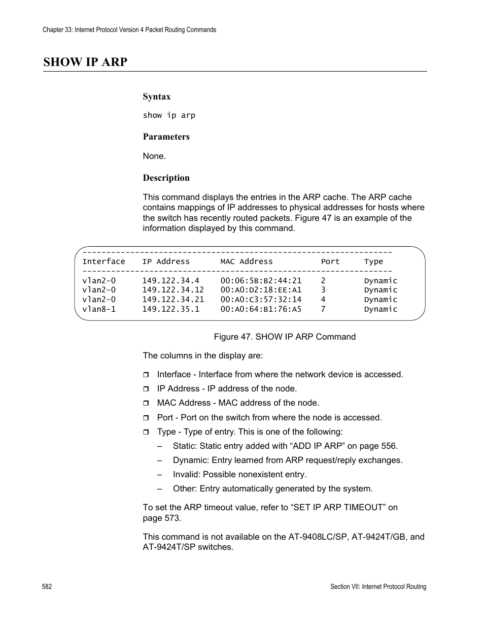 Show ip arp | Allied Telesis AT-S63 User Manual | Page 582 / 738
