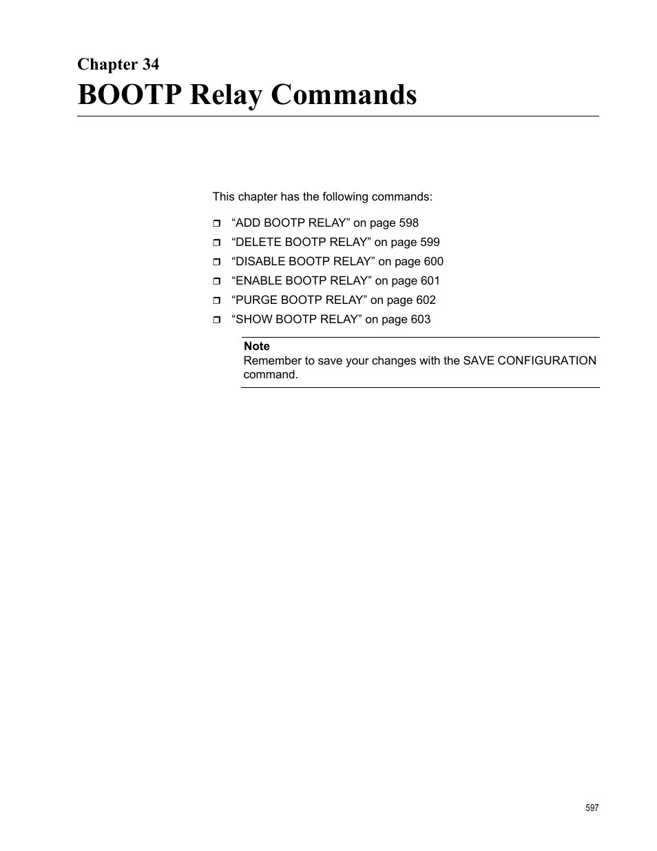 Chapter 34, Bootp relay commands | Allied Telesis AT-S63 User Manual | Page 597 / 738
