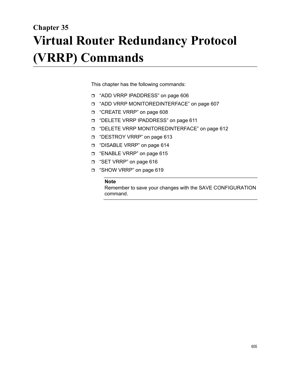 Chapter 35, Virtual router redundancy protocol (vrrp) commands | Allied Telesis AT-S63 User Manual | Page 605 / 738