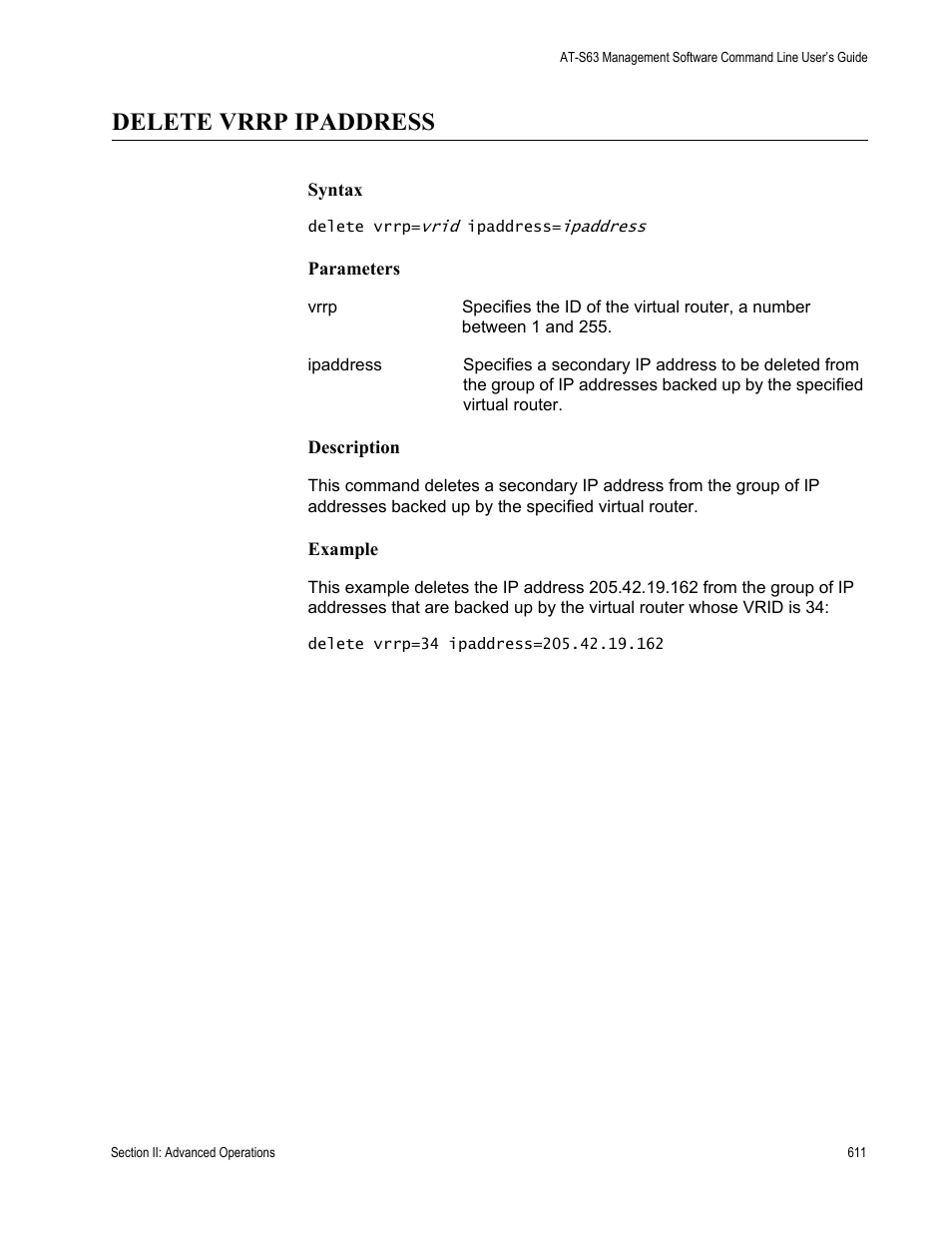 Delete vrrp ipaddress | Allied Telesis AT-S63 User Manual | Page 611 / 738