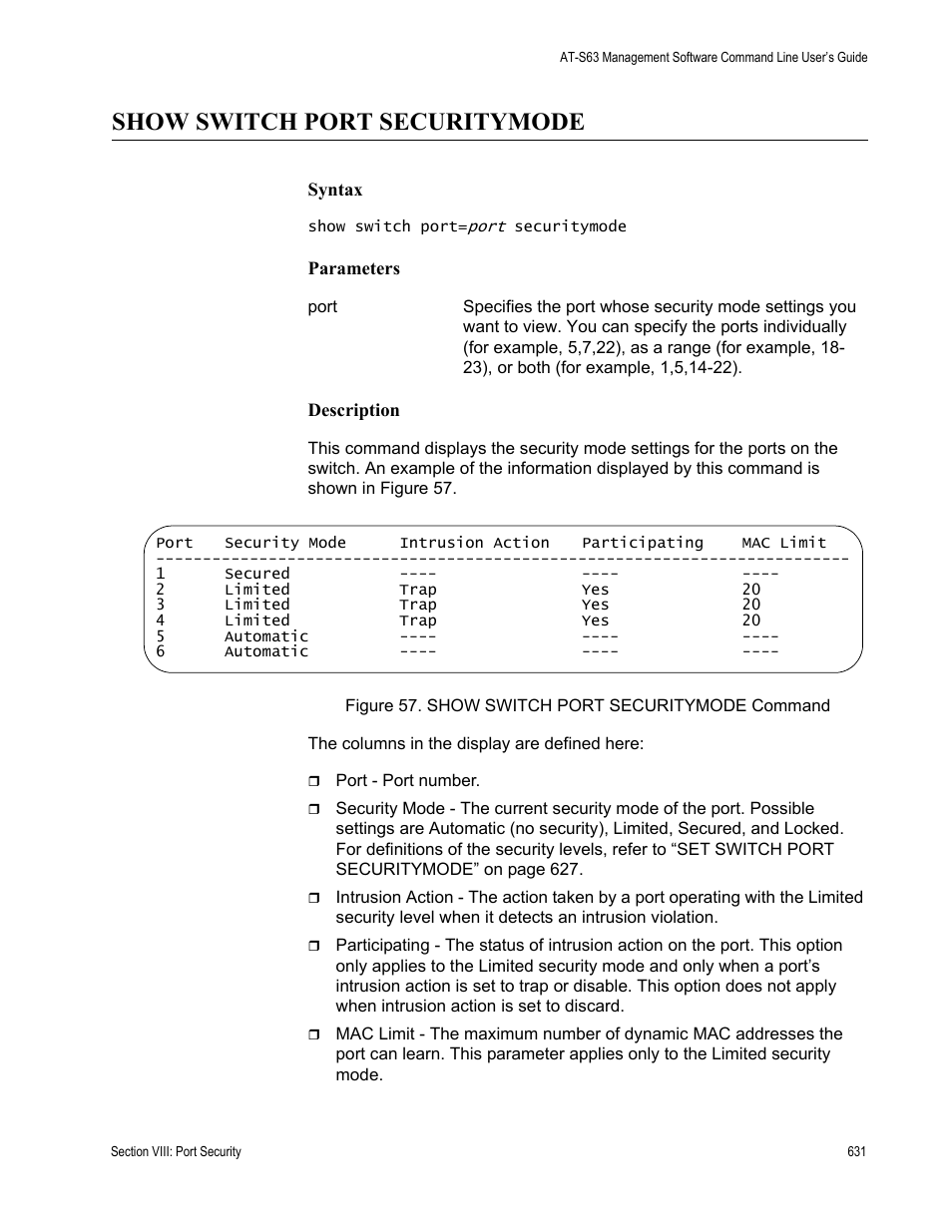 Show switch port securitymode | Allied Telesis AT-S63 User Manual | Page 631 / 738