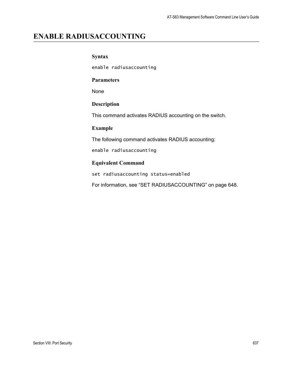 Enable radiusaccounting | Allied Telesis AT-S63 User Manual | Page 637 / 738