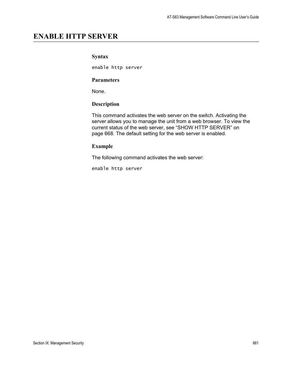 Enable http server | Allied Telesis AT-S63 User Manual | Page 661 / 738