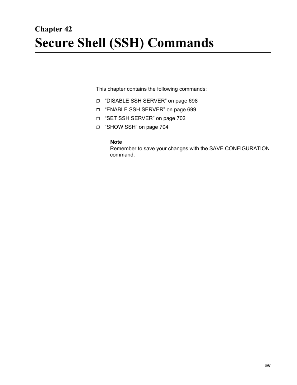 Chapter 42, Secure shell (ssh) commands | Allied Telesis AT-S63 User Manual | Page 697 / 738