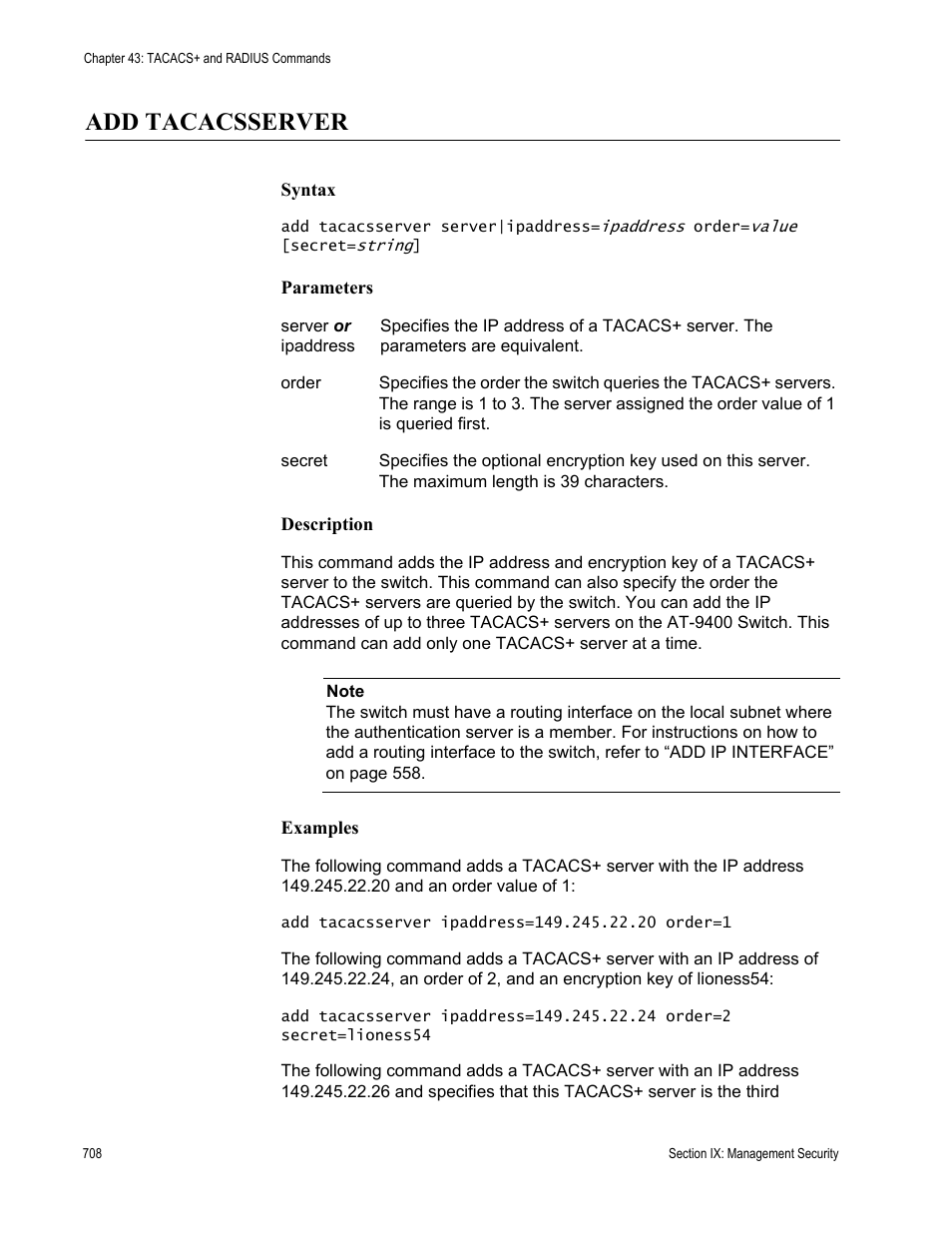 Add tacacsserver | Allied Telesis AT-S63 User Manual | Page 708 / 738