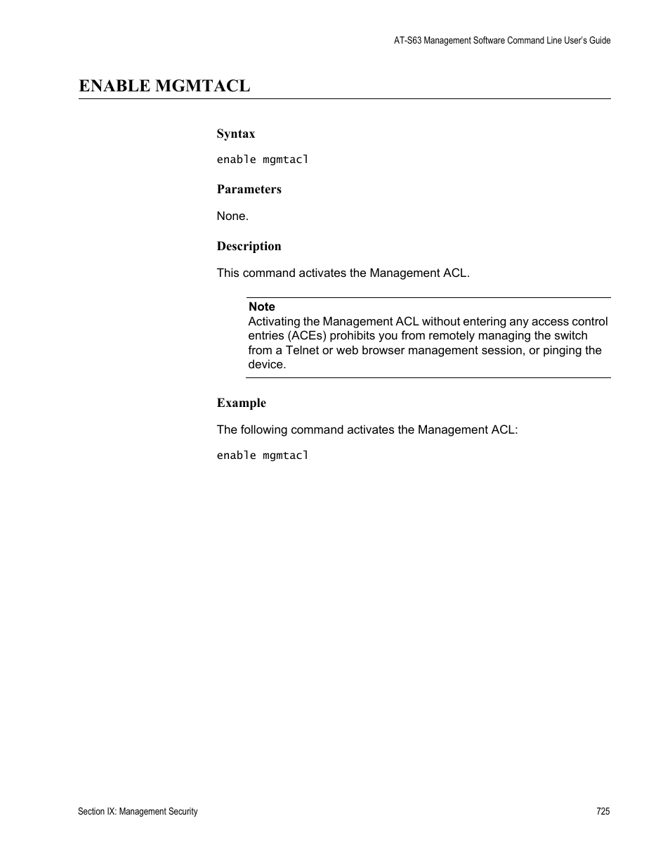 Enable mgmtacl | Allied Telesis AT-S63 User Manual | Page 725 / 738