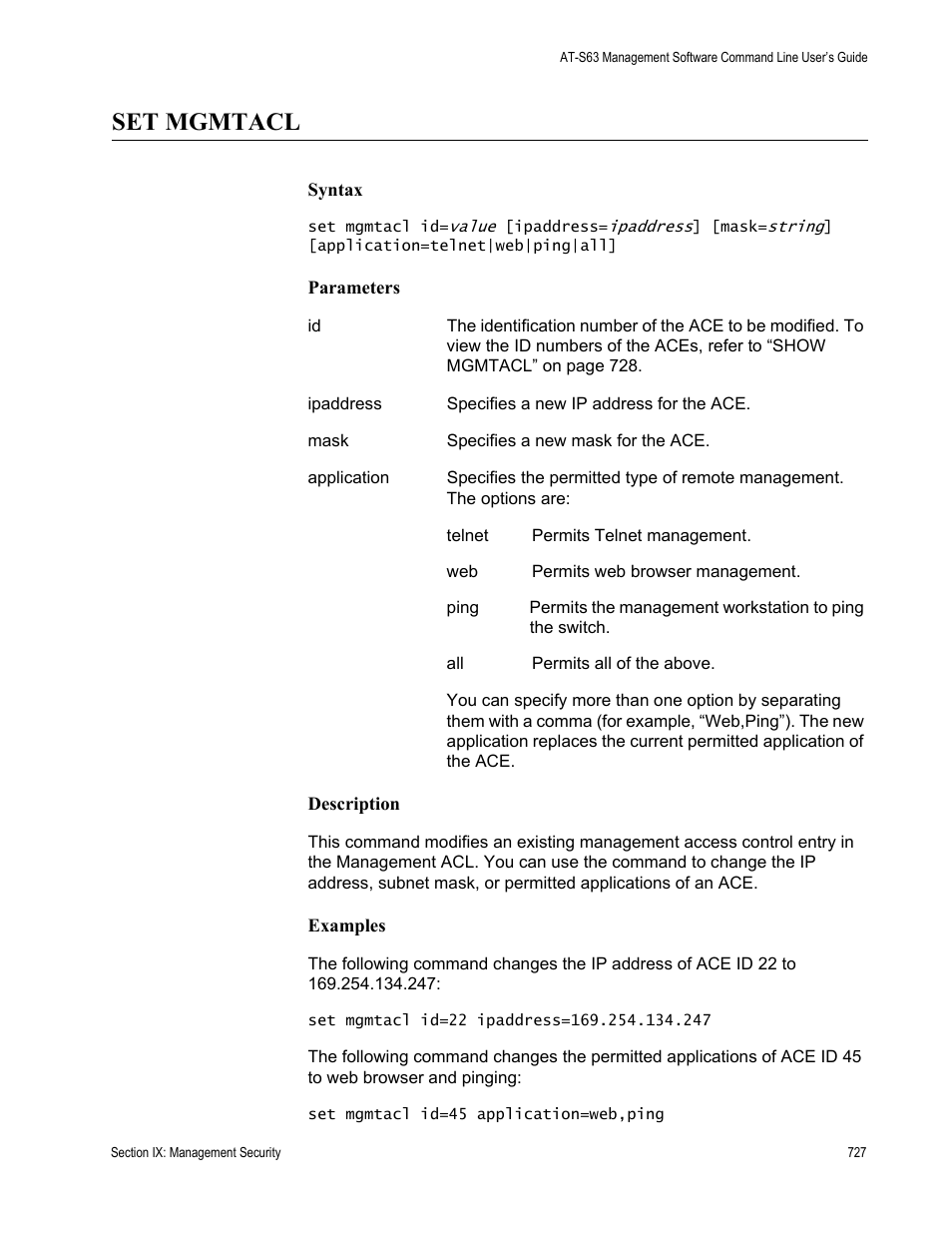 Set mgmtacl | Allied Telesis AT-S63 User Manual | Page 727 / 738