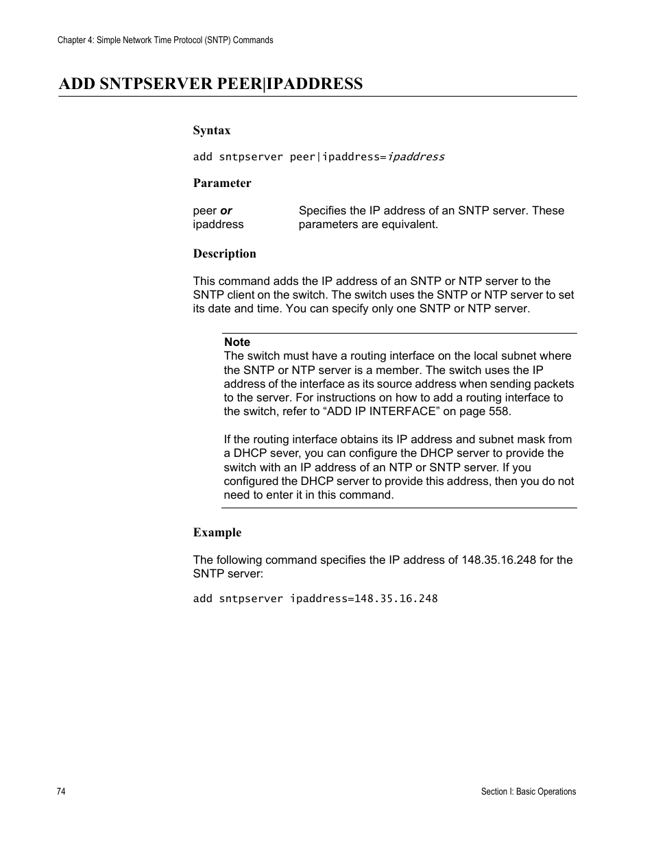 Add sntpserver peer|ipaddress | Allied Telesis AT-S63 User Manual | Page 74 / 738