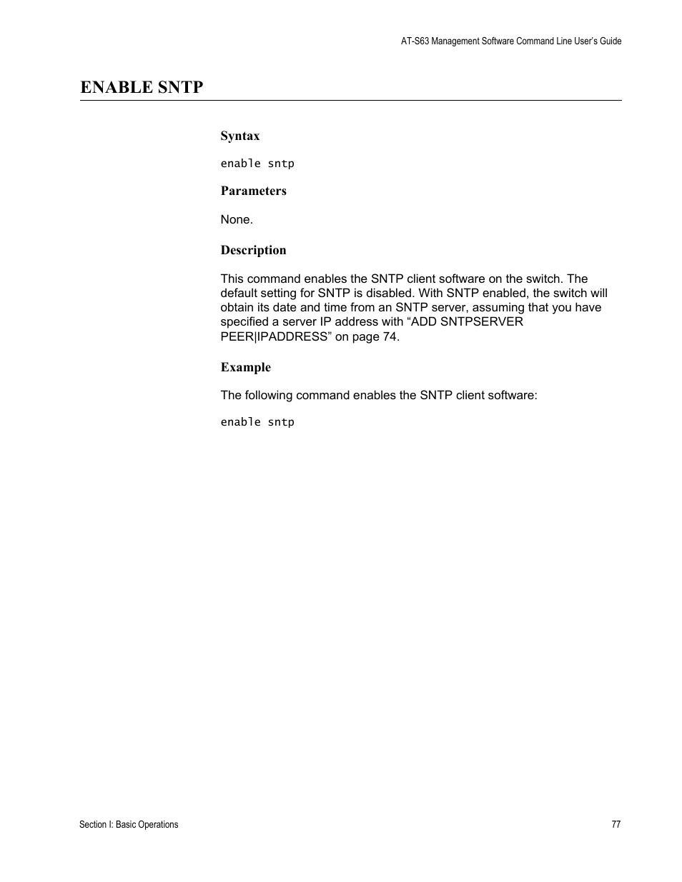 Enable sntp | Allied Telesis AT-S63 User Manual | Page 77 / 738