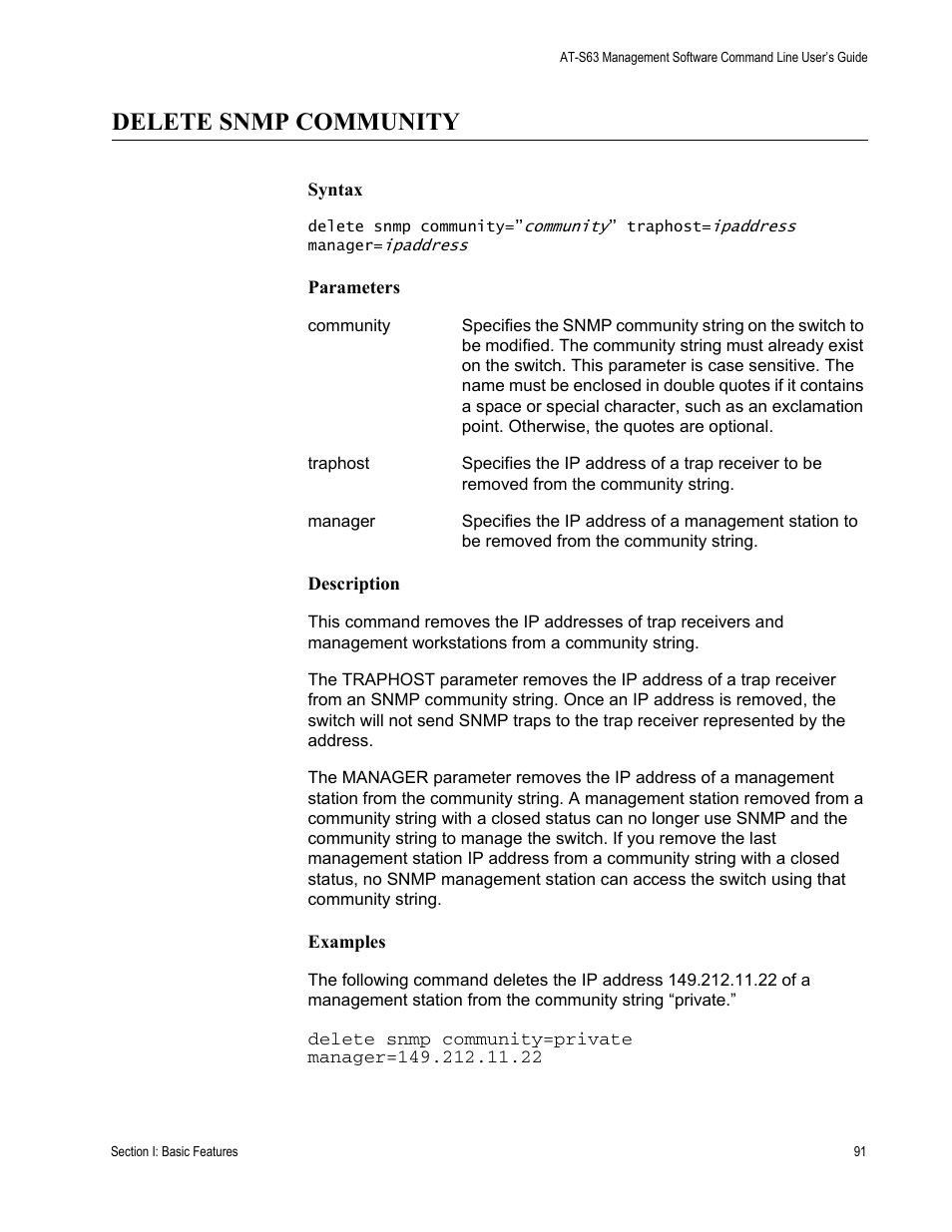 Delete snmp community | Allied Telesis AT-S63 User Manual | Page 91 / 738