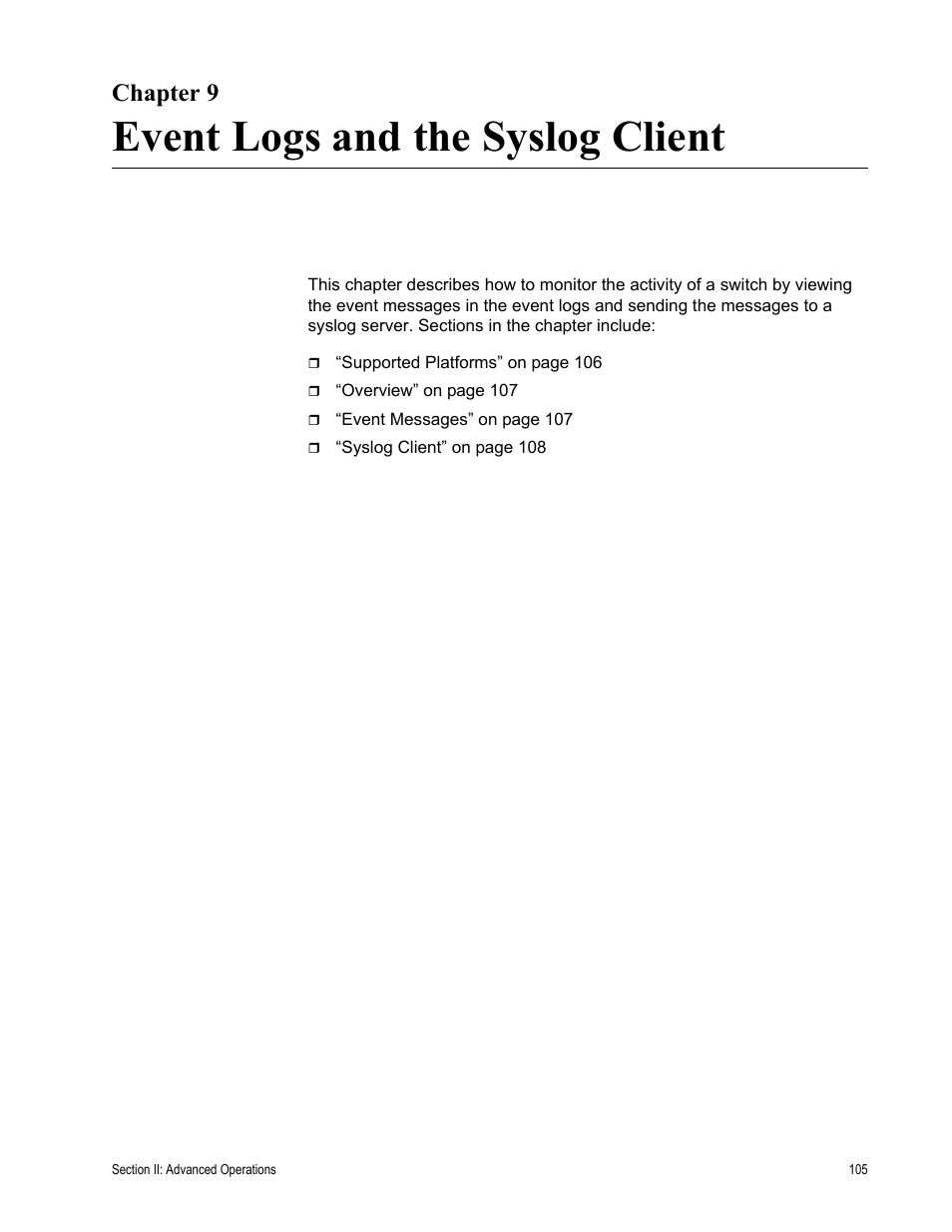 Chapter 9, Event logs and the syslog client, R 9: event logs and the syslog client | Allied Telesis AT-S63 User Manual | Page 105 / 520