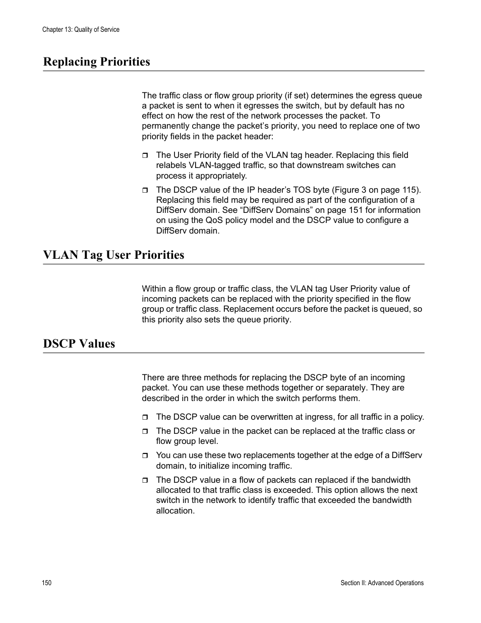 Replacing priorities, Vlan tag user priorities, Dscp values | Allied Telesis AT-S63 User Manual | Page 150 / 520
