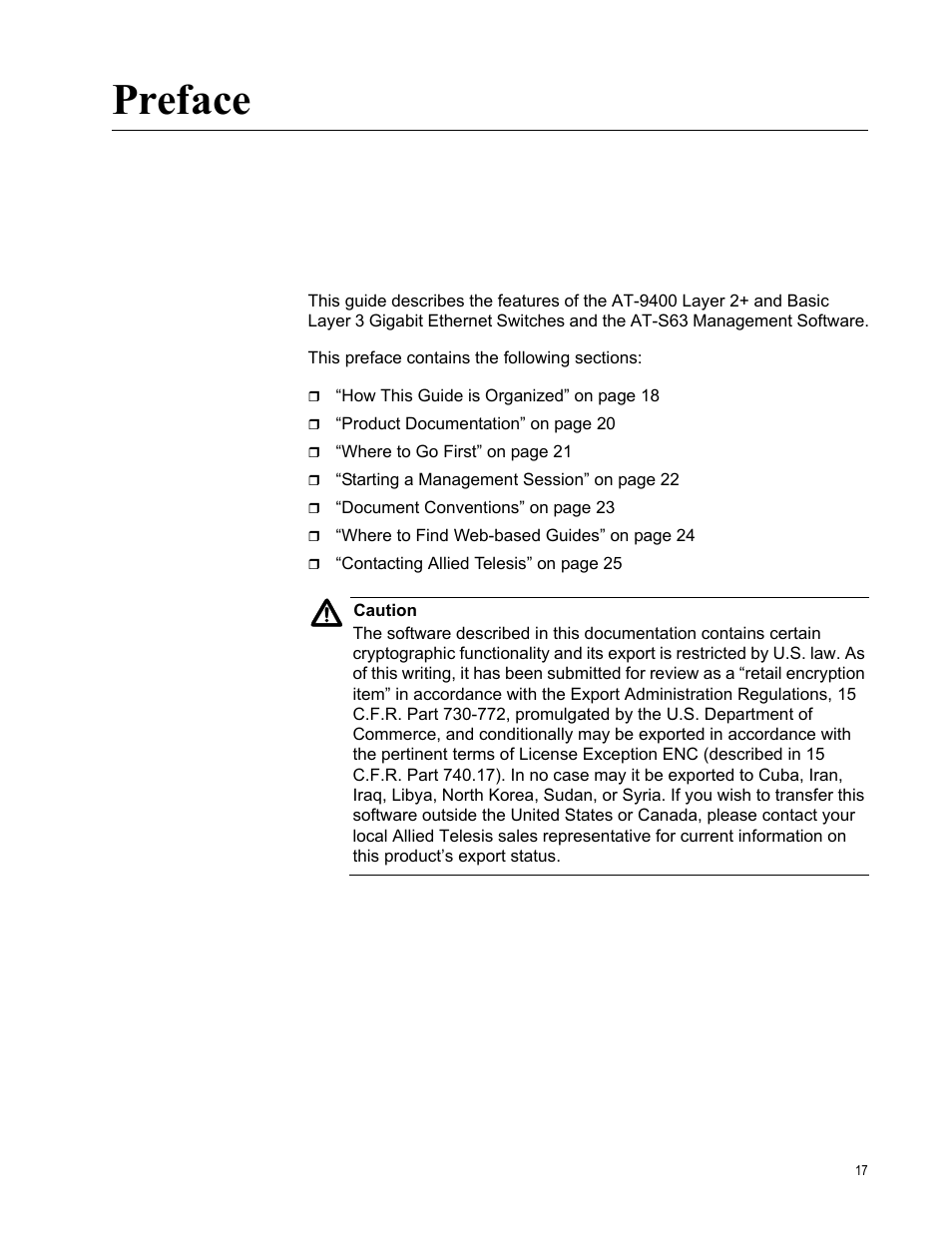 Preface | Allied Telesis AT-S63 User Manual | Page 17 / 520