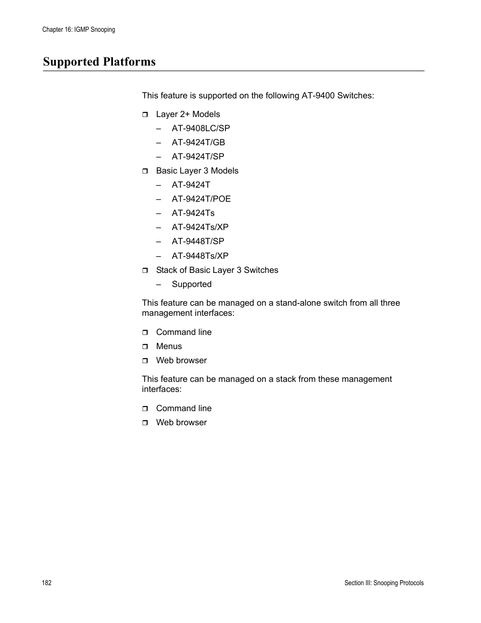 Supported platforms | Allied Telesis AT-S63 User Manual | Page 182 / 520