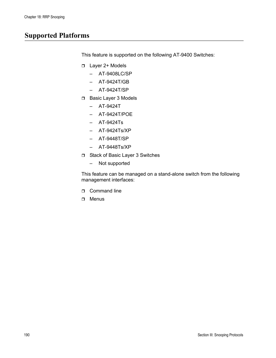 Supported platforms | Allied Telesis AT-S63 User Manual | Page 190 / 520