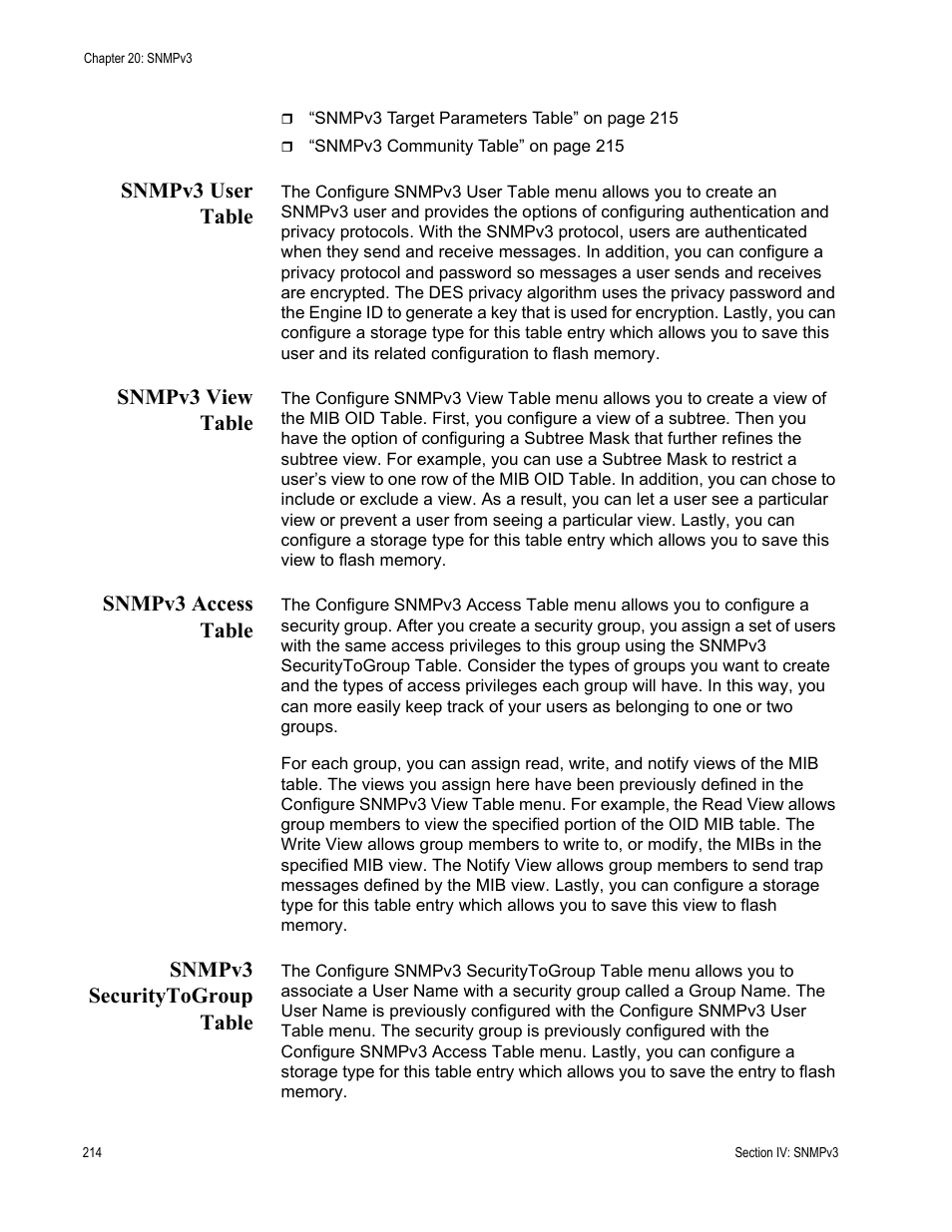 Snmpv3 user table, Snmpv3 view table, Snmpv3 access table | Snmpv3 securitytogroup table | Allied Telesis AT-S63 User Manual | Page 214 / 520