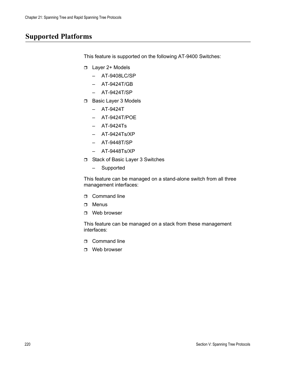 Supported platforms | Allied Telesis AT-S63 User Manual | Page 220 / 520