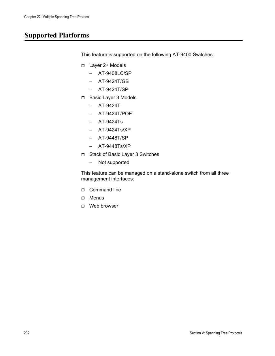 Supported platforms | Allied Telesis AT-S63 User Manual | Page 232 / 520