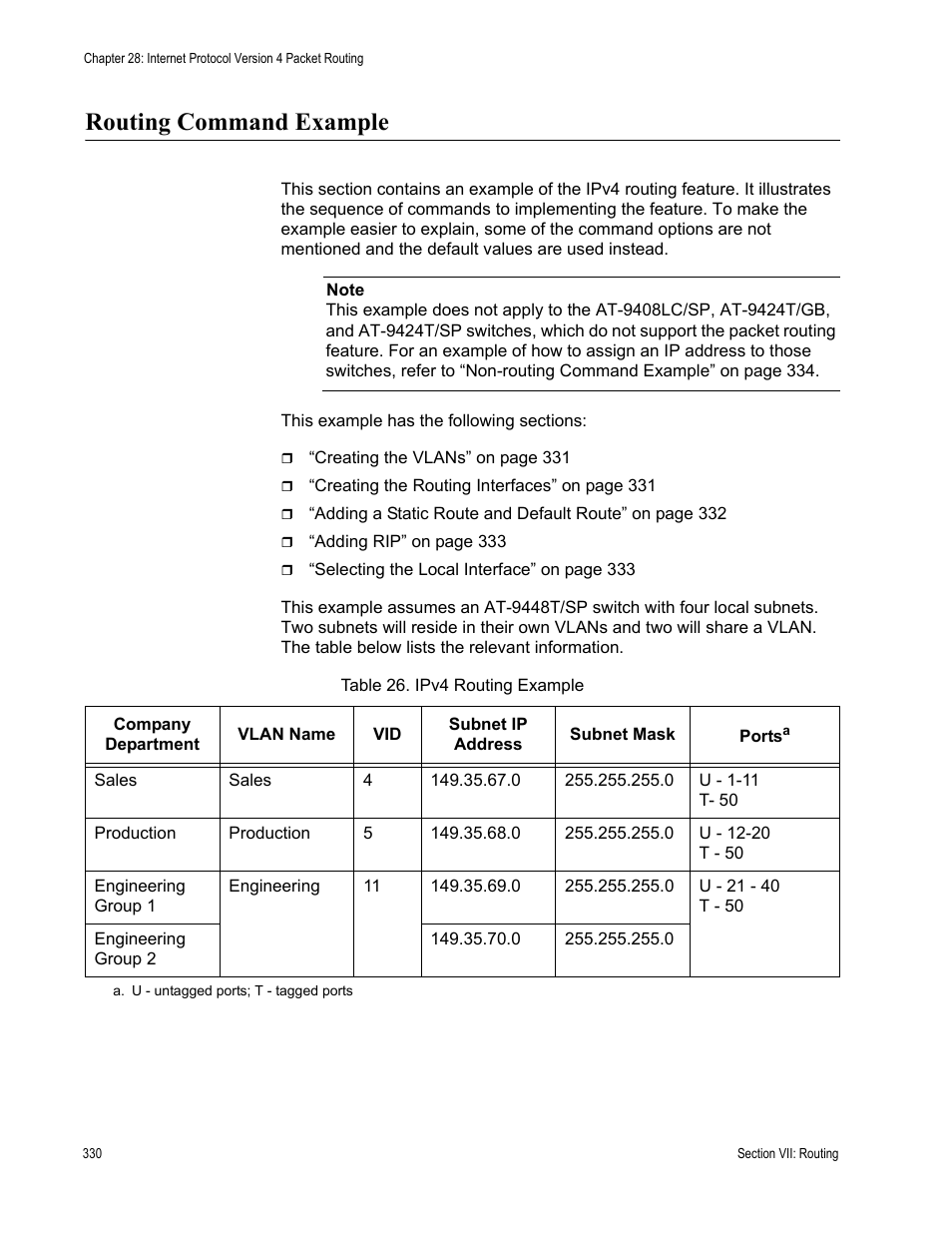 Routing command example, Table 26: ipv4 routing example | Allied Telesis AT-S63 User Manual | Page 330 / 520