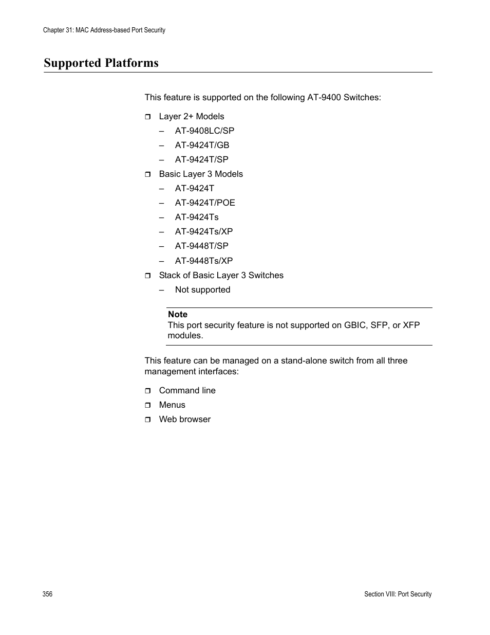 Supported platforms | Allied Telesis AT-S63 User Manual | Page 356 / 520