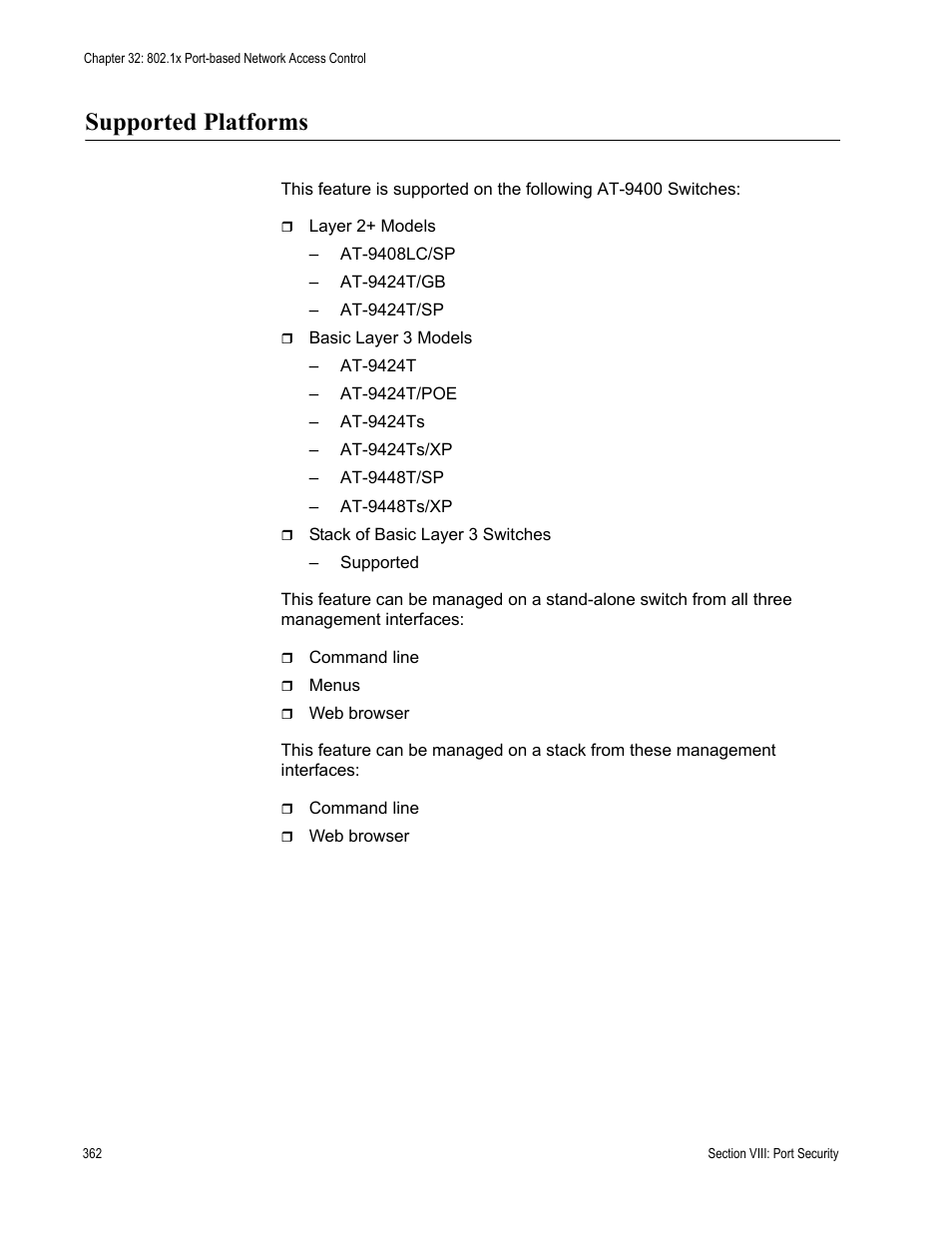 Supported platforms | Allied Telesis AT-S63 User Manual | Page 362 / 520