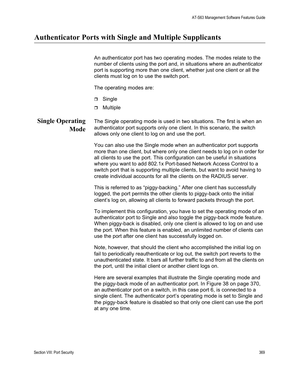 Single operating mode | Allied Telesis AT-S63 User Manual | Page 369 / 520