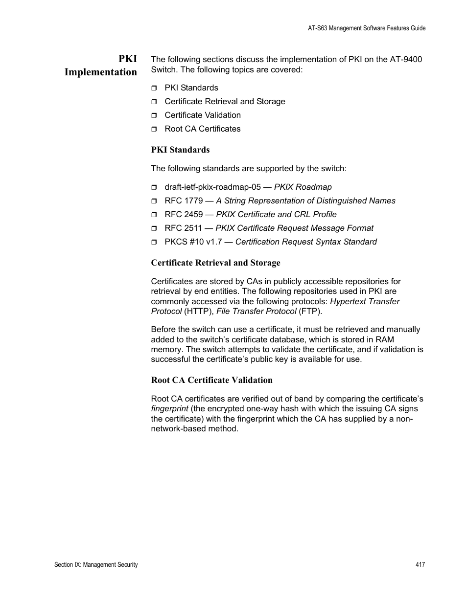 Pki implementation | Allied Telesis AT-S63 User Manual | Page 417 / 520