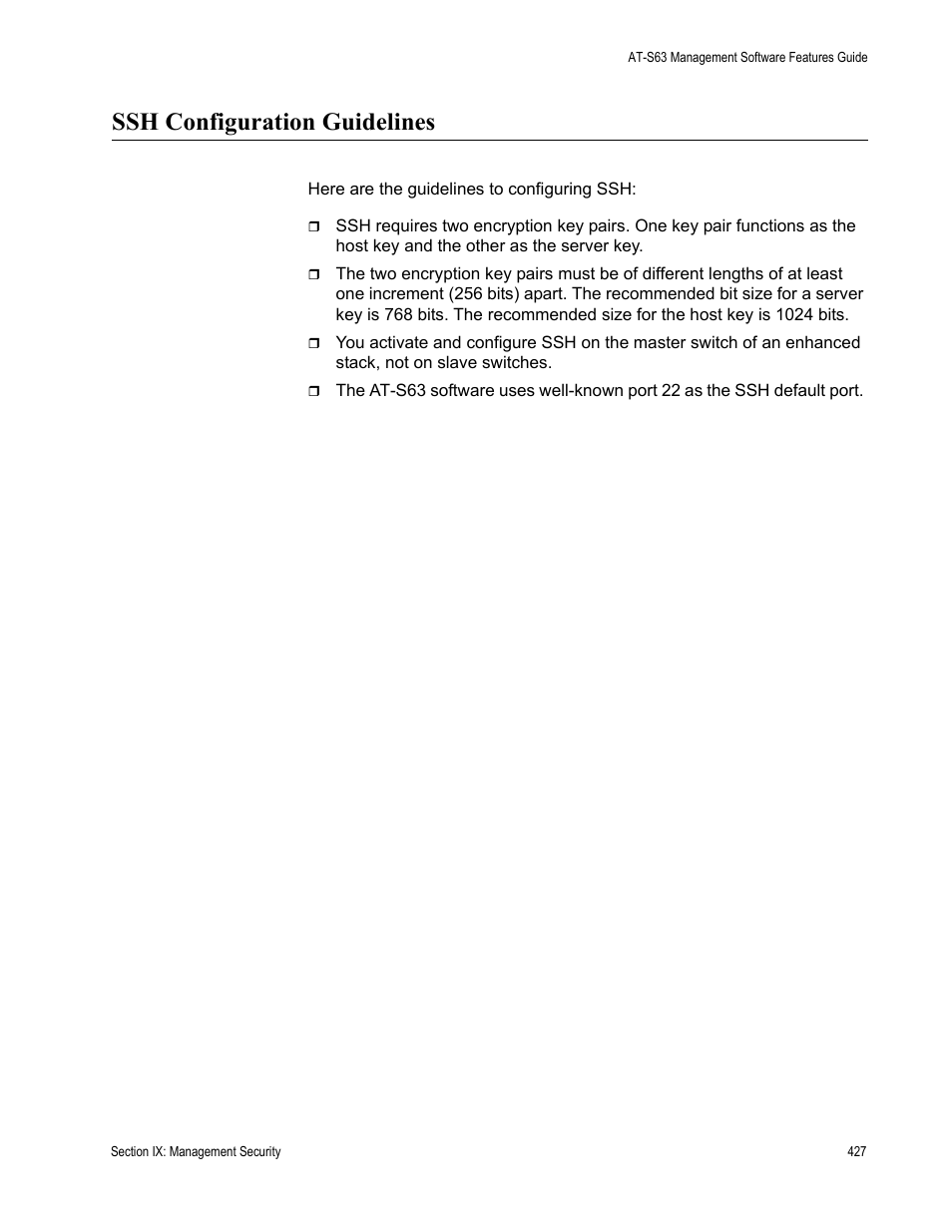 Ssh configuration guidelines | Allied Telesis AT-S63 User Manual | Page 427 / 520