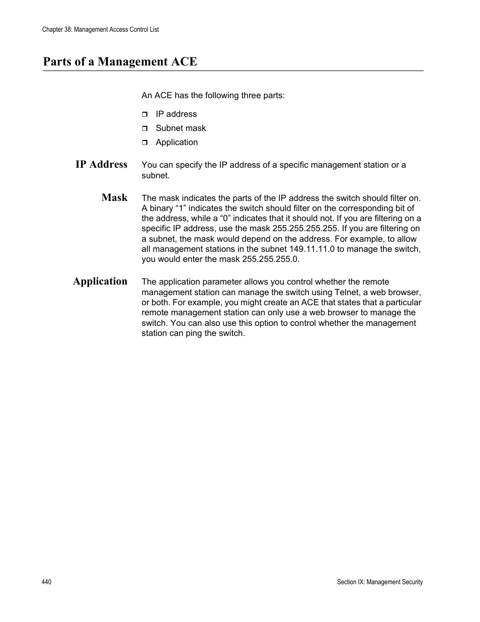 Parts of a management ace, Ip address, Mask | Application, Ip address mask application | Allied Telesis AT-S63 User Manual | Page 440 / 520