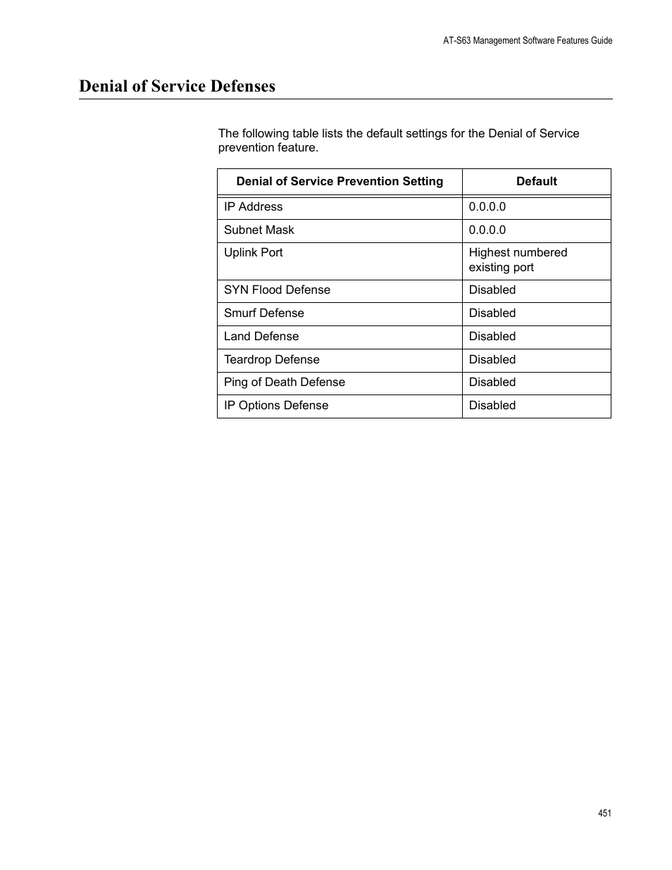 Denial of service defenses | Allied Telesis AT-S63 User Manual | Page 451 / 520