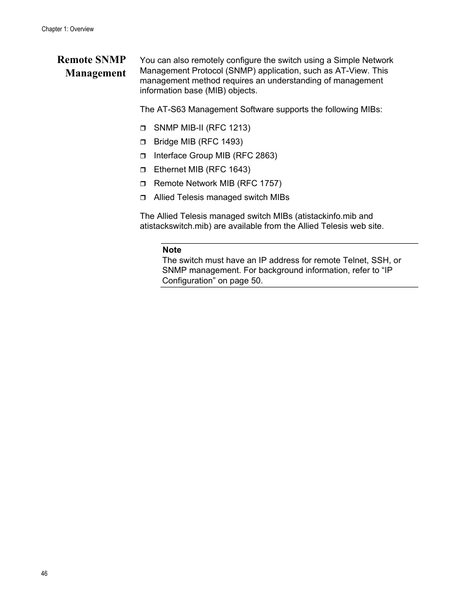 Remote snmp management | Allied Telesis AT-S63 User Manual | Page 46 / 520