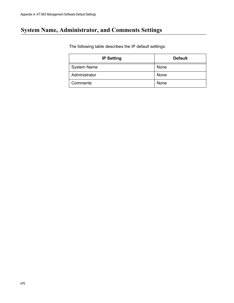 System name, administrator, and comments settings | Allied Telesis AT-S63 User Manual | Page 476 / 520